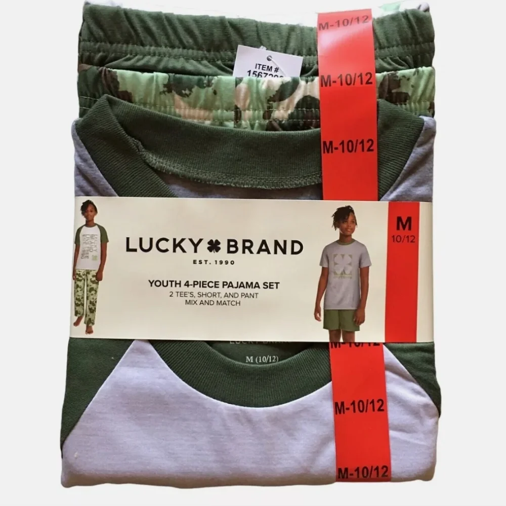 Lucky Brand New Boy's Size Medium 10/12 4 Pece PJ Set 2 Tee's Short & Pant